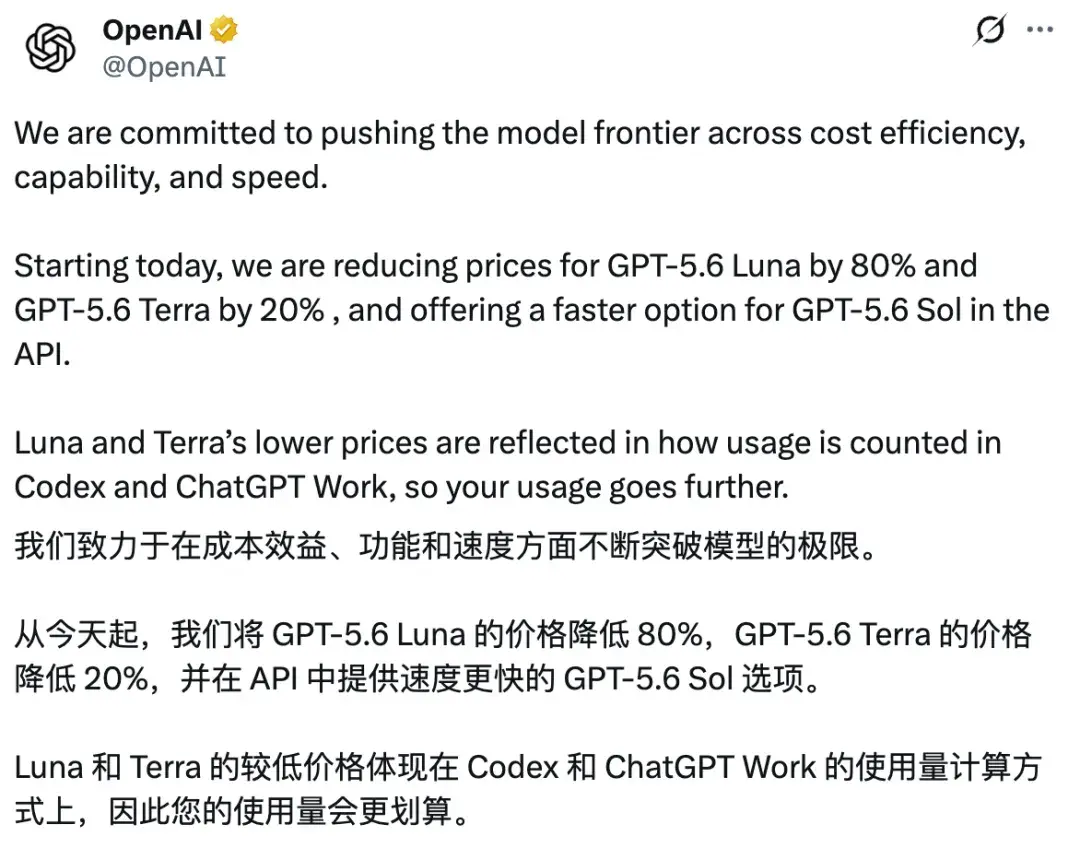 Sam Altman 宣布 GPT-5.6 全系列重新定价