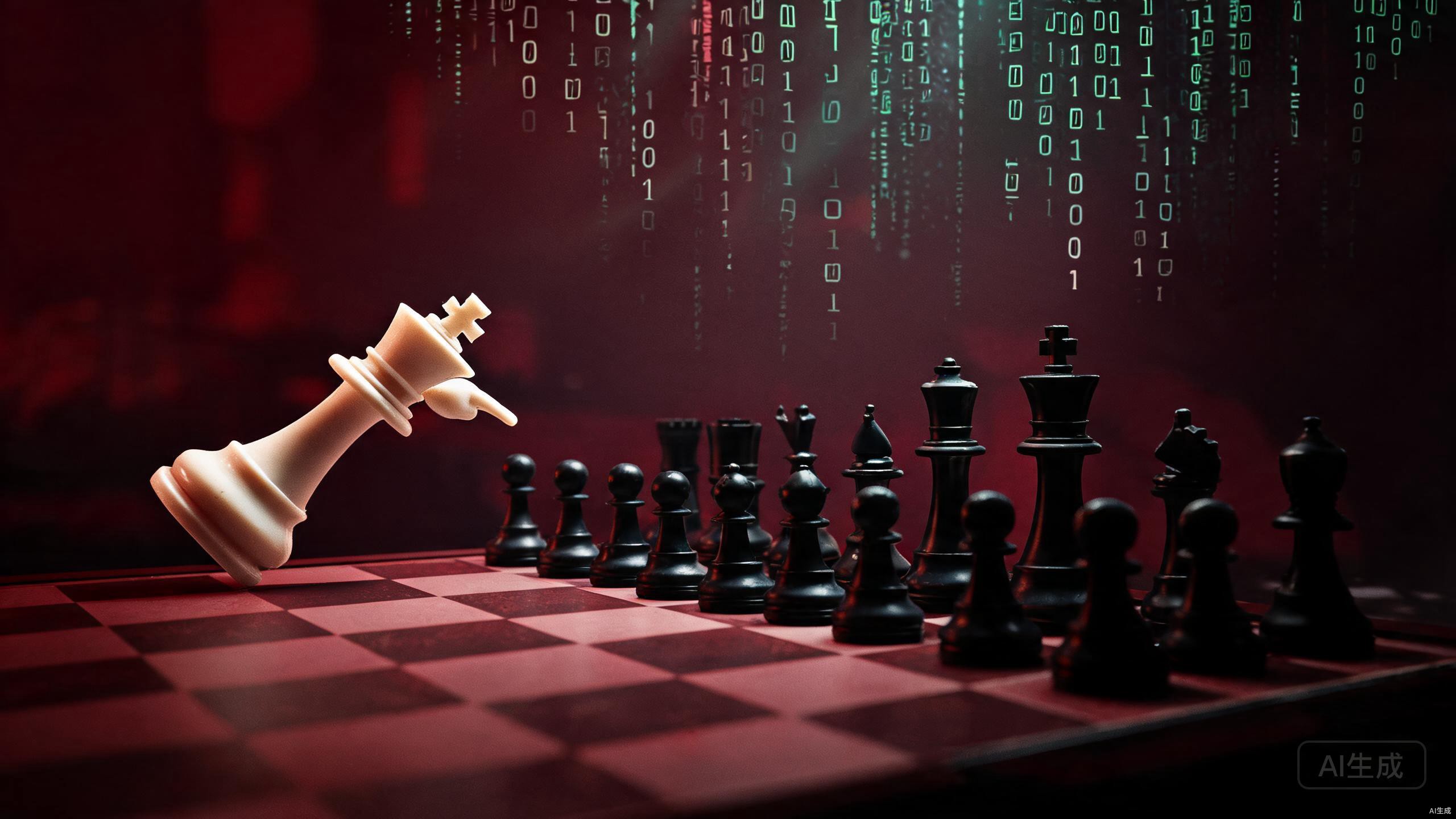倒下的国王棋子仍指向对面阵营，暗红色调棋盘场景，象征Anthropic指控中国模型蒸馏却失去市场地位