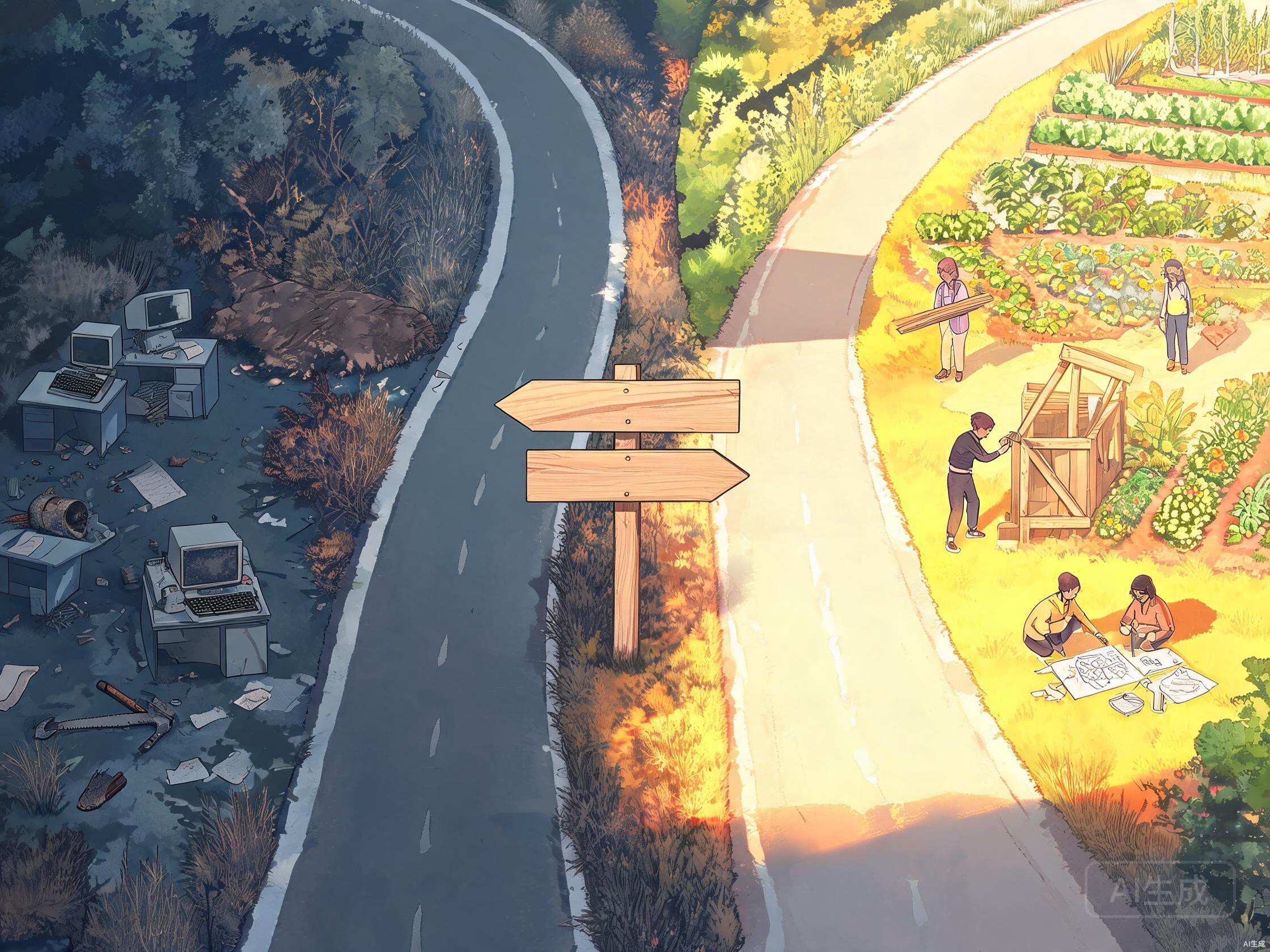 一条分岔路，一边通向废弃的工具和空桌，另一边通向充满生机的创造之地