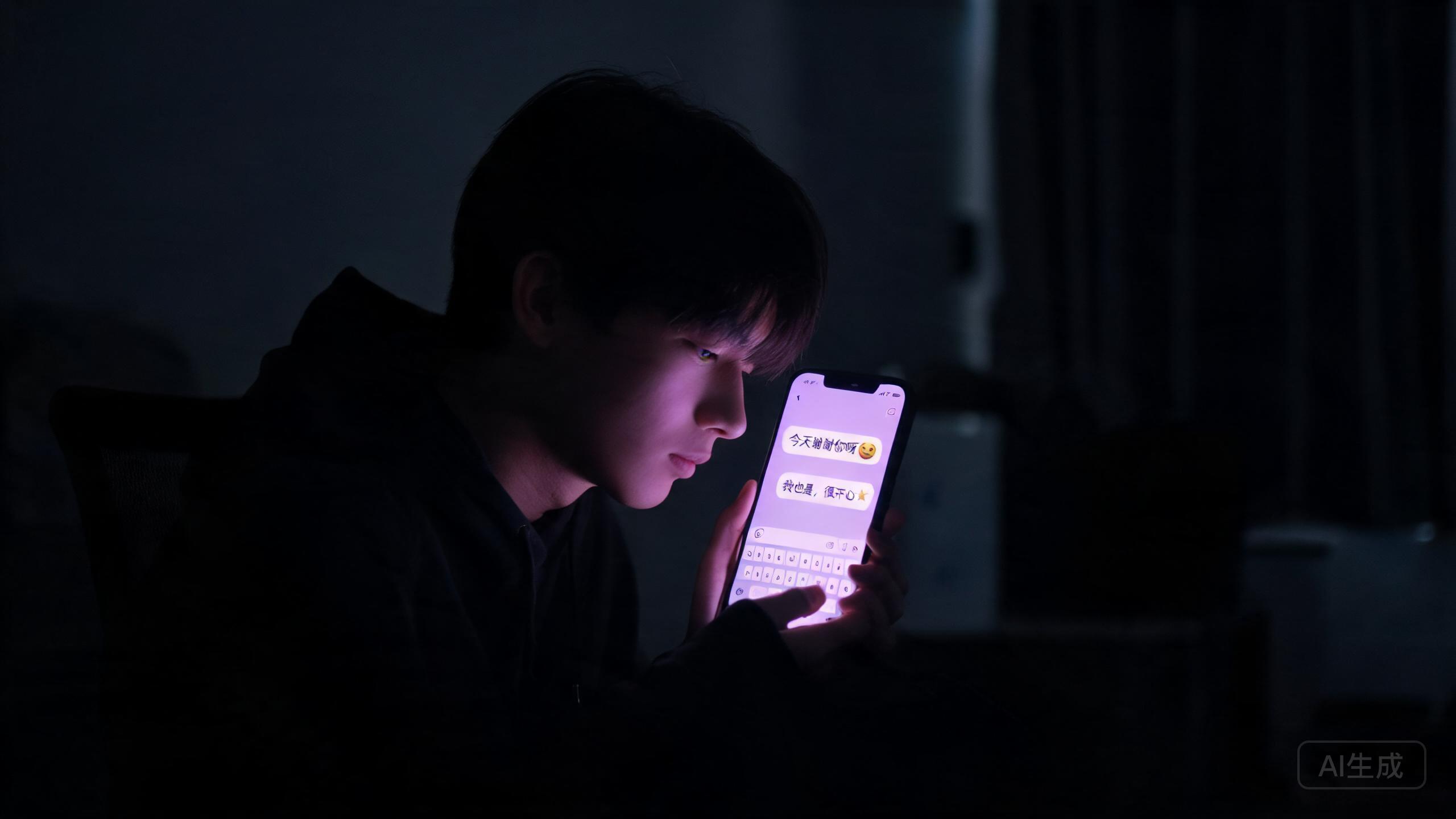 深夜一个人在黑暗中看手机屏幕，柔和紫色光芒，孤独但温暖