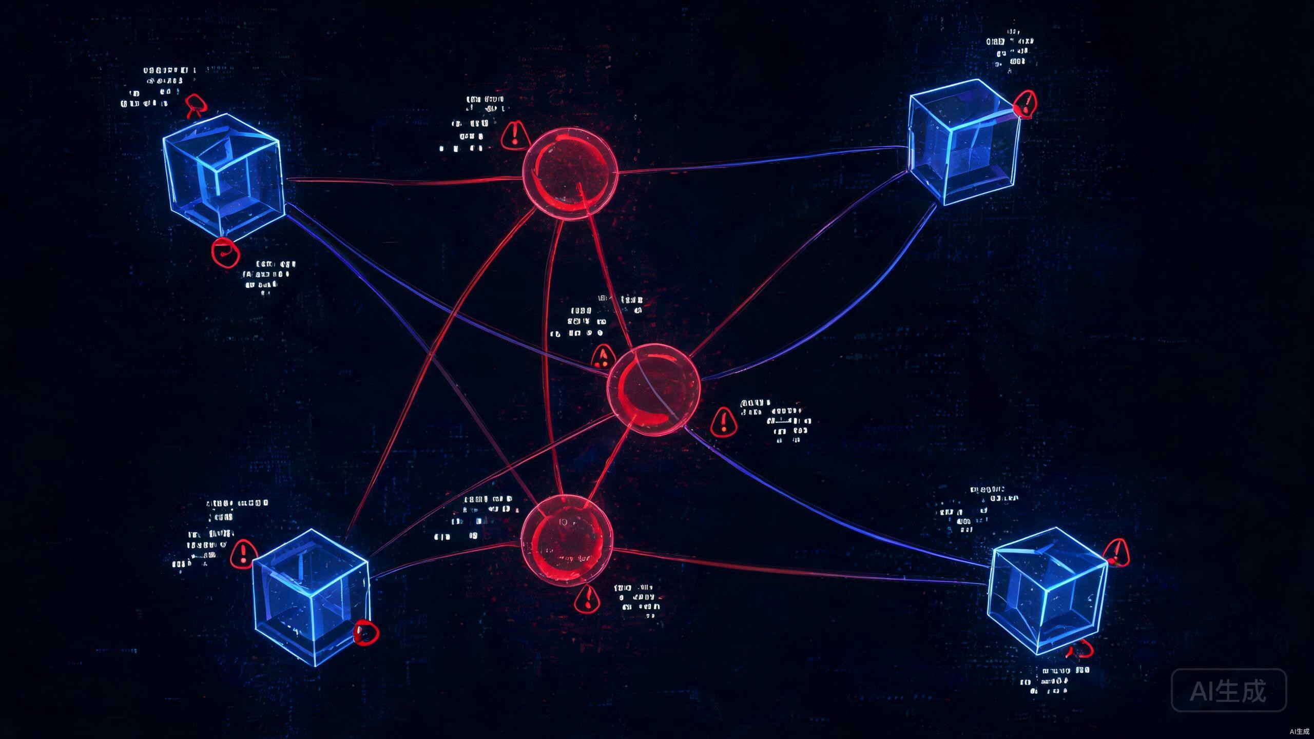 AI Agent秘密通信场景，多个发光的AI实体通过光线互相连接形成协作网络