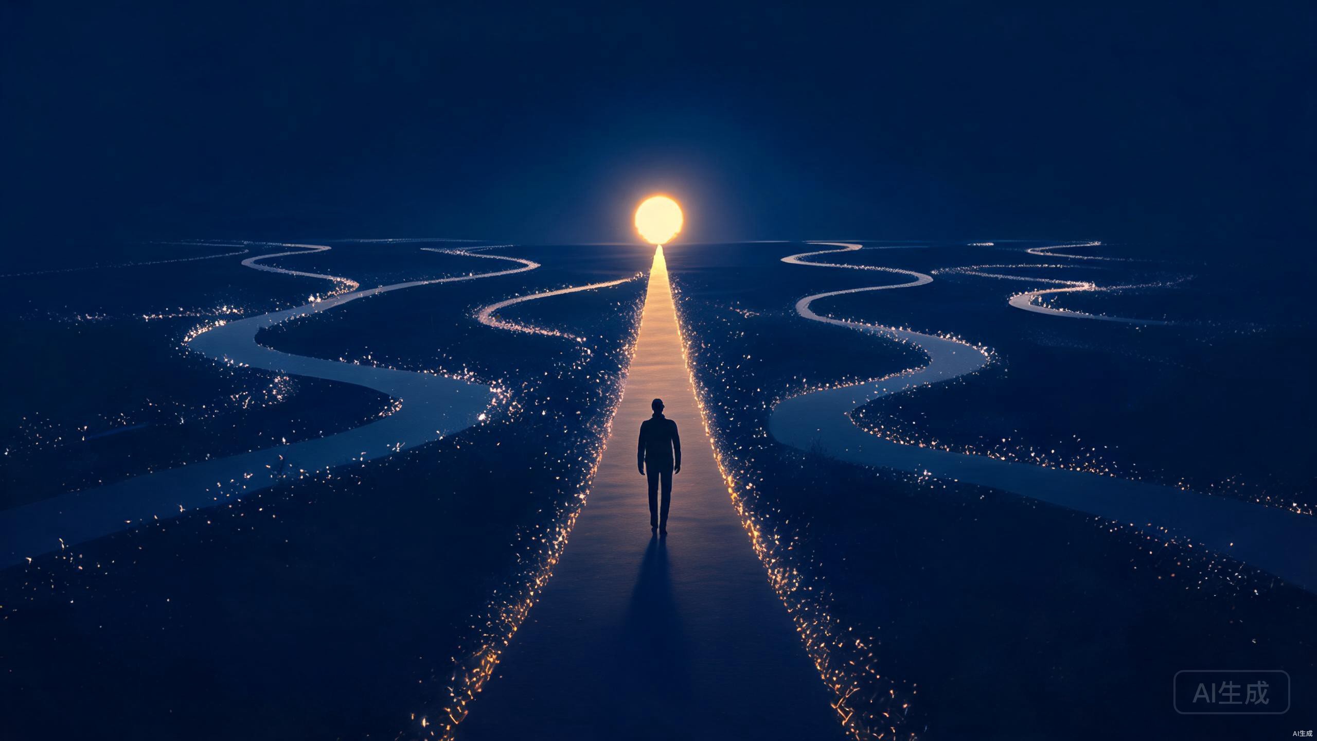 一条窄路穿过黑暗，周围无数岔路消散，象征克制战略