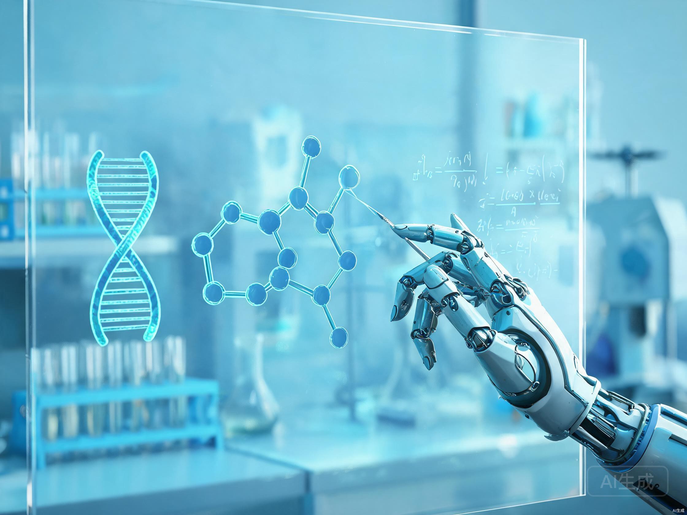 AI自动化科学发现的概念图，AI正在分析分子结构
